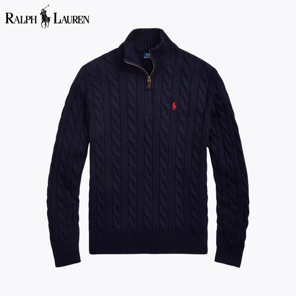 Pull RL en coton à grosses mailles torsadées et fermeture éclair au quart