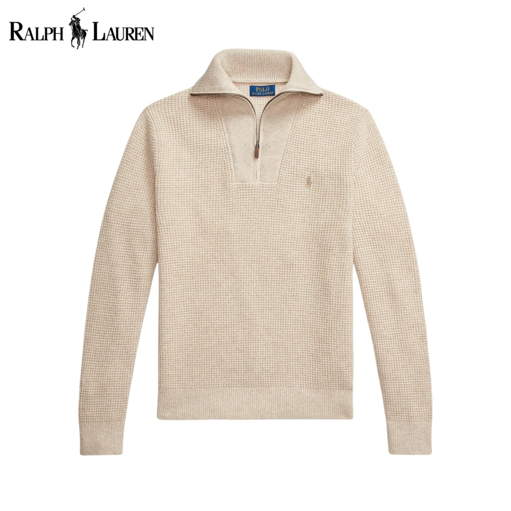 Pull RL en laine et coton à maille gaufrée et fermeture éclair au quart