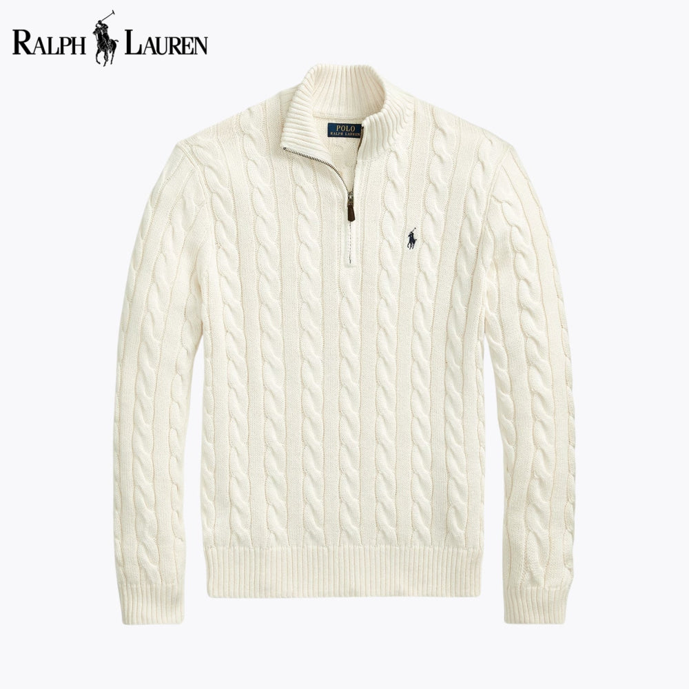 Pull RL en coton à grosses mailles torsadées et fermeture éclair au quart
